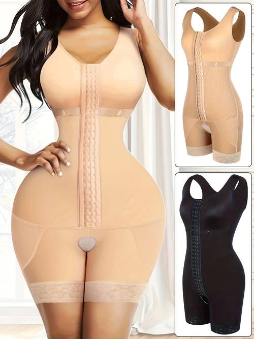 2pcs womens high support shapewear bodysuits tummy control butt lifting front closure with zipper lace trim nylon spandex beige hand wash only tummy control shapewear