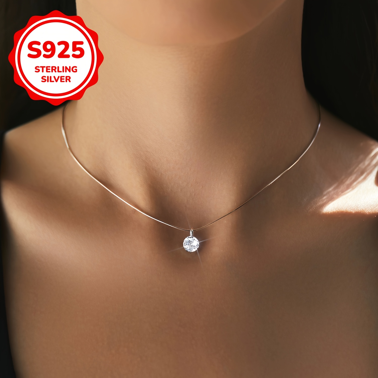 Women's S925 Sterling Silver Snake Chain Necklace with Cubic Zirconia Pendant