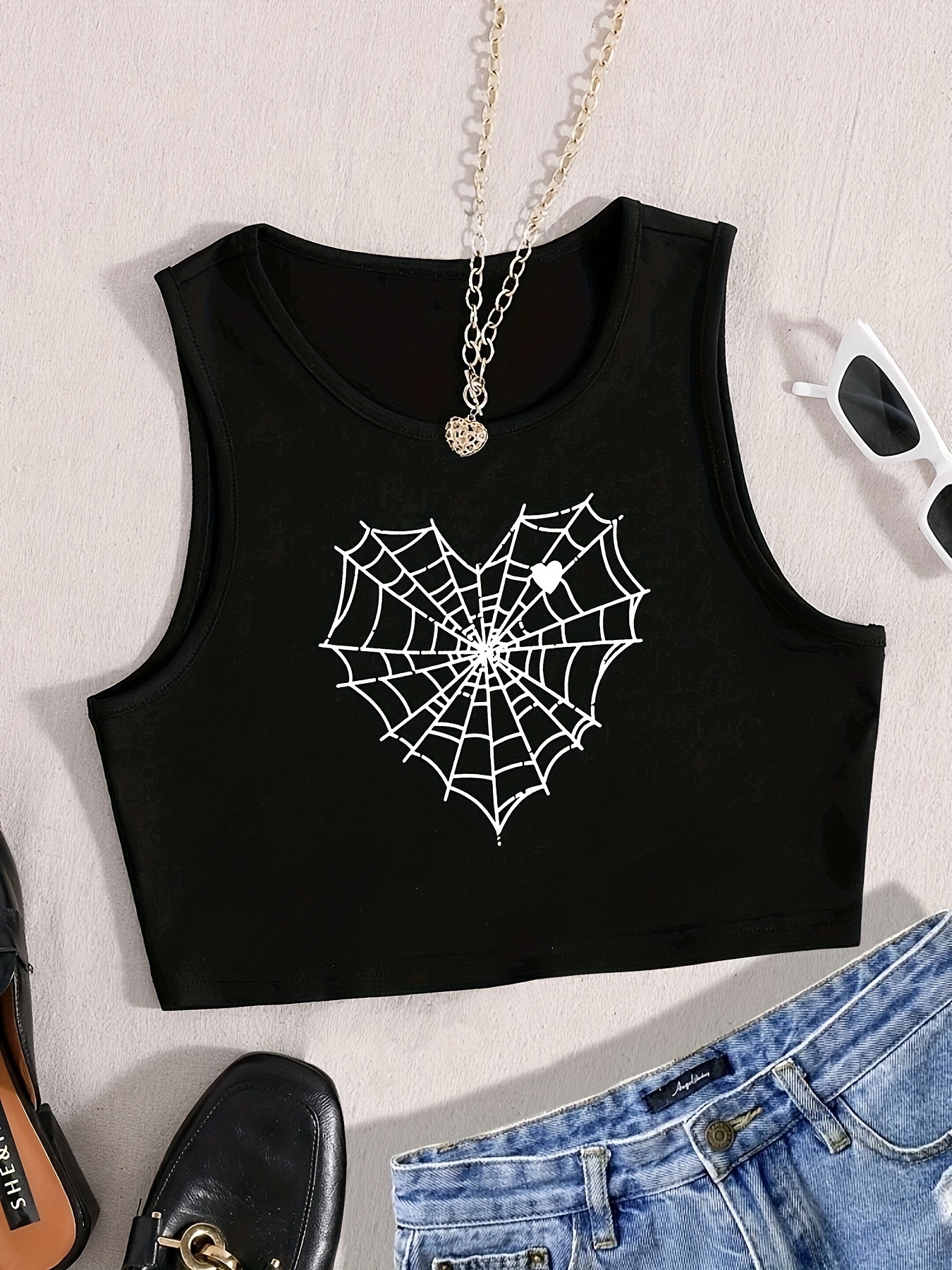 Spider Web Heart Print Tank Top Sexy Crew Neck Sleeveless - Temu