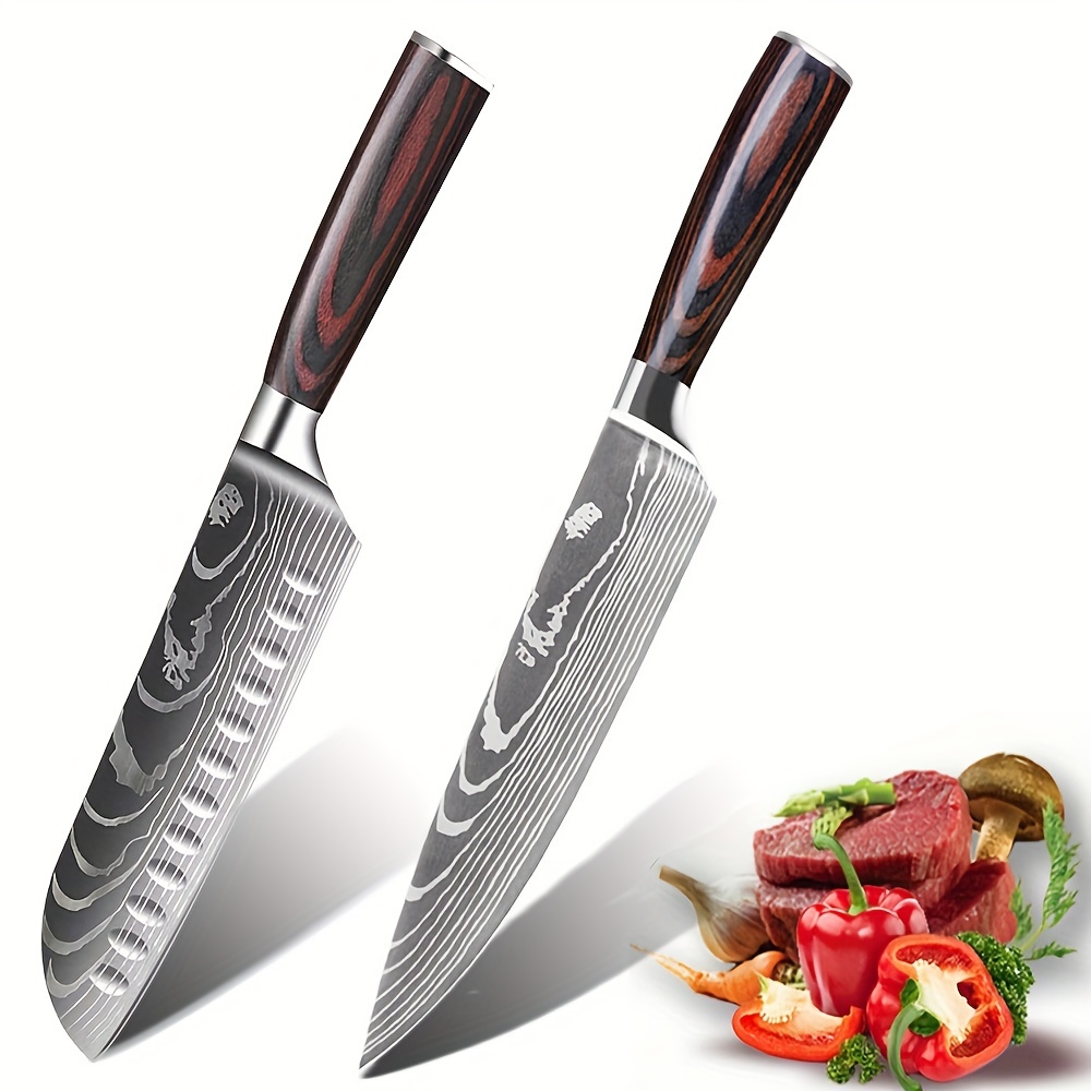 

2 Pcs Kitchen Knife Set, Kitchen Chef Knife Set, 8" Chef Knife, 7" Santoku Knife, With Sharp High Carbon Stainless Steel Forged Blade, Ergonomically Pakkawood Handle, Japanese Knife Set
