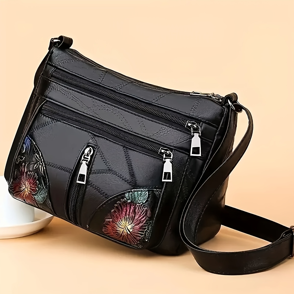 

Chic Black Embroidered Women's Crossbody Bag With Adjustable Strap - Spacious Design, Lightweight Nylon, Zip Closure, Small Crossbody Bag