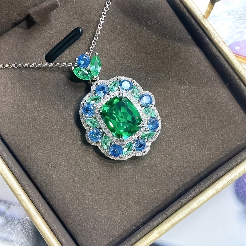 TEMU Elegant Emerald & Moissanite Pendant Necklace - Classic Cushion Cut, Silvery-plated 925 Sterling Silvery, Casual Attire Or Parties