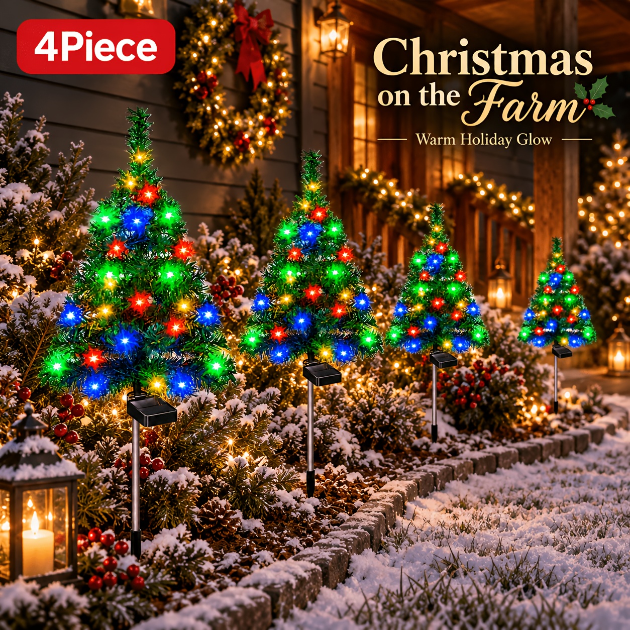 TEMU Lot de 4 lampes solaires de jardin d'arbre de Noël de 35,4 pouces, batterie rechargeable intégrée de 600 mAh, LED colorées rouge jaune bleu vert