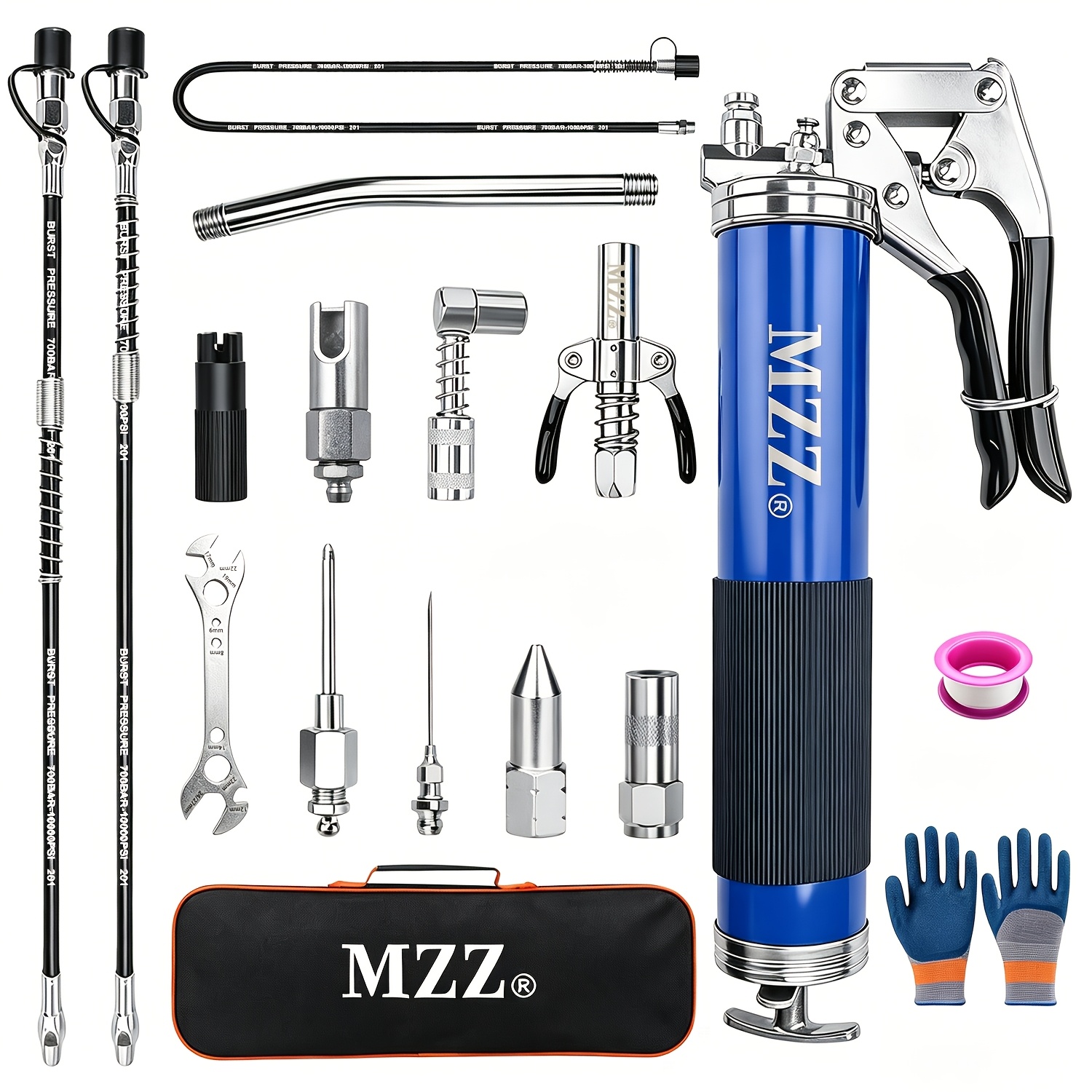 17pcs 7000psi Heavy Duty Grease Gun Kit, 2x11" Hoses, Flex Hose, Extension Pipes, Lock Coupler, Injector, Sharp Nozzle For Vehicle, Farm, Workshop, Marine, Easy Operation Tool