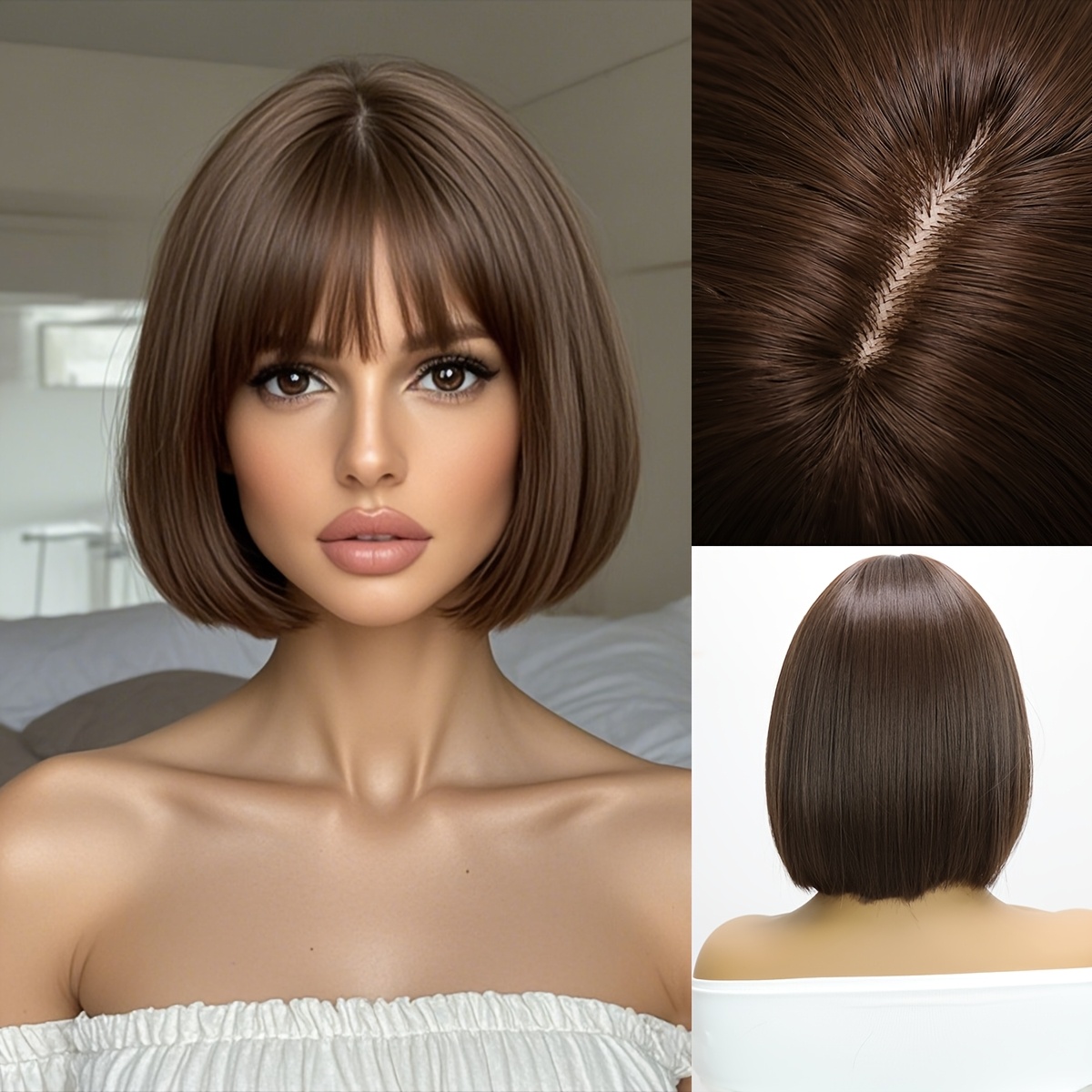 TEMU A 12-inch Short Brown Wig Designed For Women, Featuring Bangs. It Has Straight Hair, Is Lightweight And Breathable, To Wear And . Includes A , Is Ideal For Everyday Use