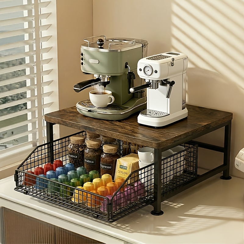 heavy duty coffee station organizer 2 tier kitchen countertop shelf with sliding wire baskets sturdy thick wood board metal frame espresso machine stand storage drawer for syrup pods cups modern rustic coffee bar accessories