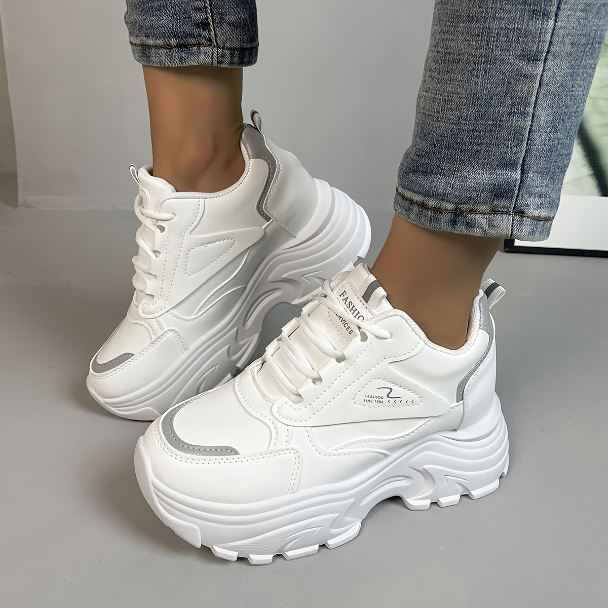 chic womens platform sneakers casual lace up height boosting sneakers with   cover upper pu sole details 2