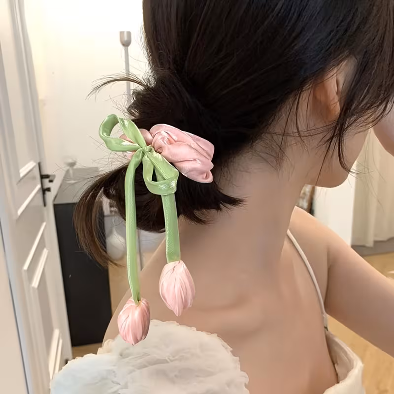 3pcs elegant french tulip hair ties high acrylic hair bands with colorful tulips ideal gift for friends cute hair accessorie details 0