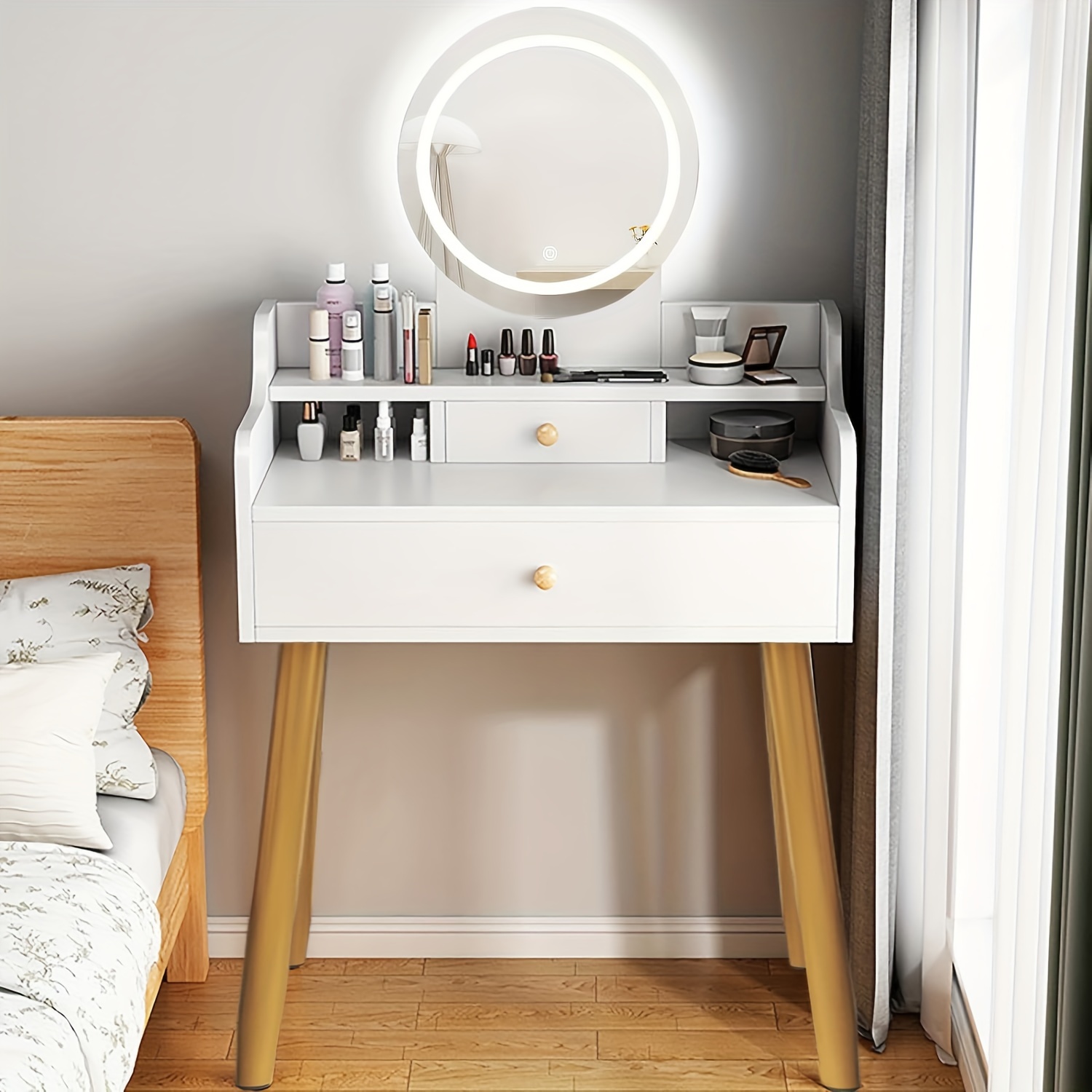 

Vanity Desk, Makeup Vanity Desk With Mirror And Lights, Makeup Vanity Desk With Drawer, Adult Bedside Table Dressing Table, Brightness Adjustable Makeup Table For Bedroom Small Space