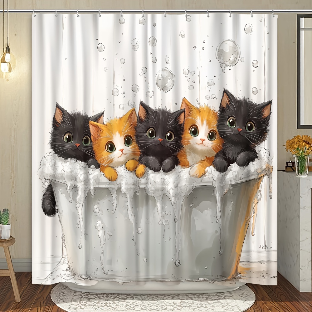 TEMU 1 pièce Rideau de Douche Chat Dessin , Tissu de Séparation de Baignoire de Salle de Bain Chat, Décoration de Baignoire Simple et Élégante,
