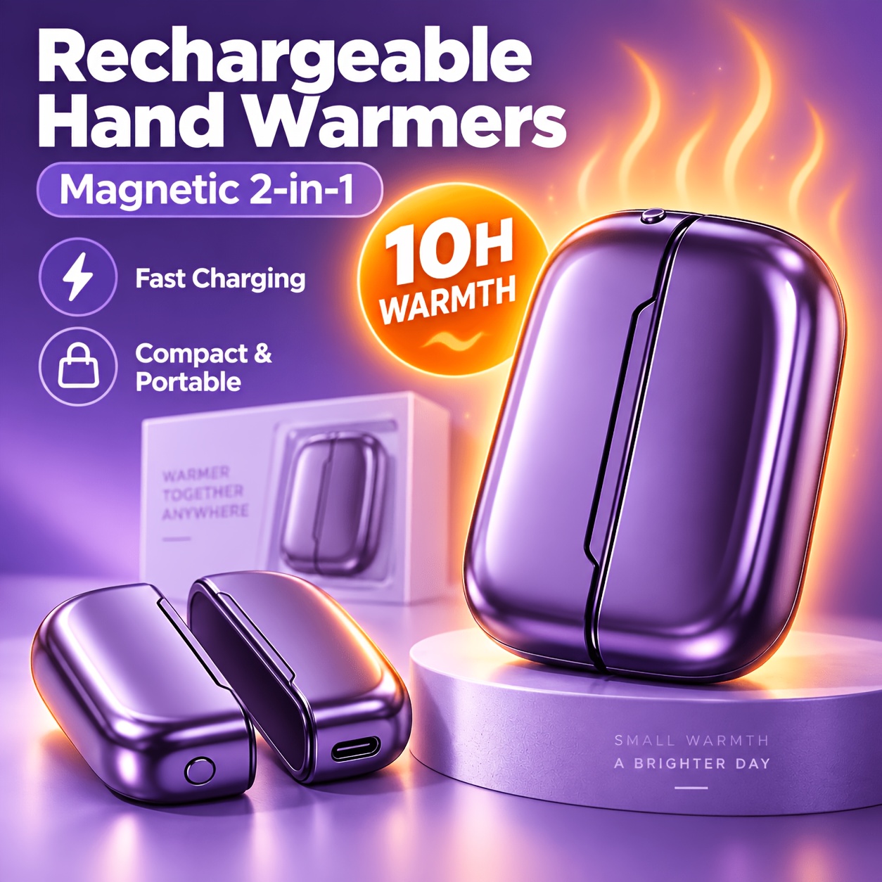 TEMU Rechargeable Hand Warmer 2 Pack, Magnetic Split Hand Warmers, Portable Pocket Heater With Adjustable 3 Temperature Levels, Long Electric Hand