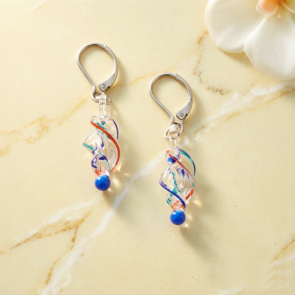 TEMU Handmade Glass Ornaments, Spiral Slide-shaped Transparent Blue Lace Women's Creative Pendant Earrings, Stainless Steel Earrings