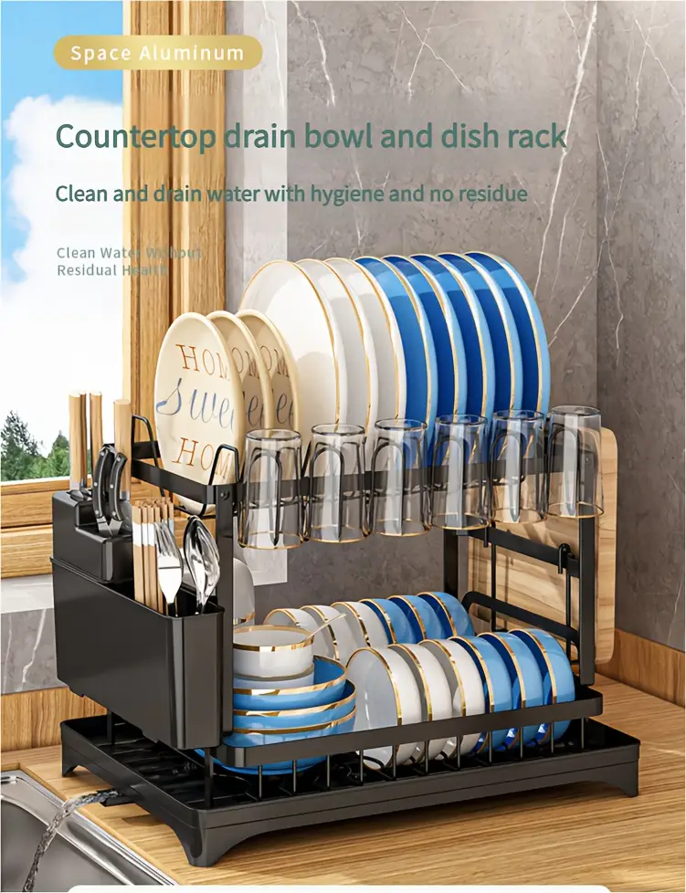 two tier kitchen drying rack with utensil holders this black detachable metal set features a and is designed as a standing shelf for kitchen counters its drying dishes and keeping utensils in any from traditional to contemporary to enhance functionality and keep your kitchen clutter free Product details 2