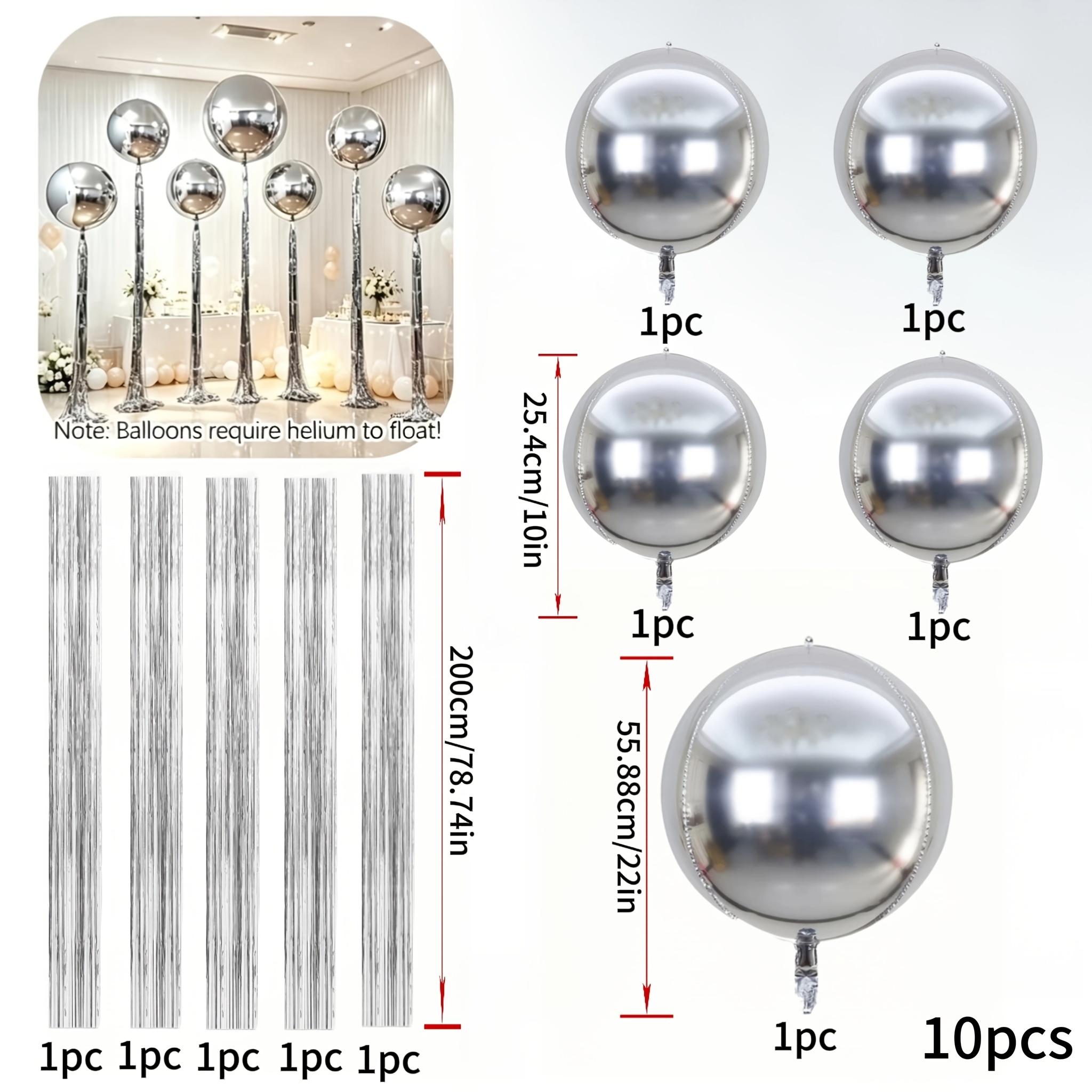 TEMU 10pcs Set Of Silvery 4d Mirror Aluminum Foil Balloon Kit, 22-inch/10-inch Round 4d Balloons, With Silvery Bright Tassels, Self-adhesive Party