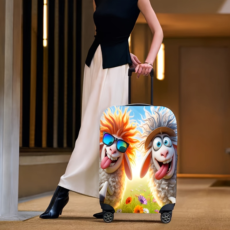 TEMU Essential Travel Item: A Cartoon Sheep Patterned Luggage Of Durable Fabric, Featuring A . Elastic Luggage Sizes From 45.72 To 81.28 Centimeters
