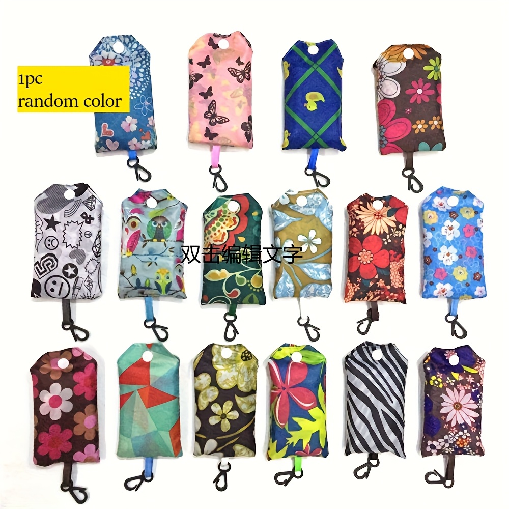 1pc/5pcs Polyester Shopping Bags, Printed Fabric Large Bags, Foldable Storage With Hook For Mobile Phones, 38*58cm (including Handle 20cm), Color Random