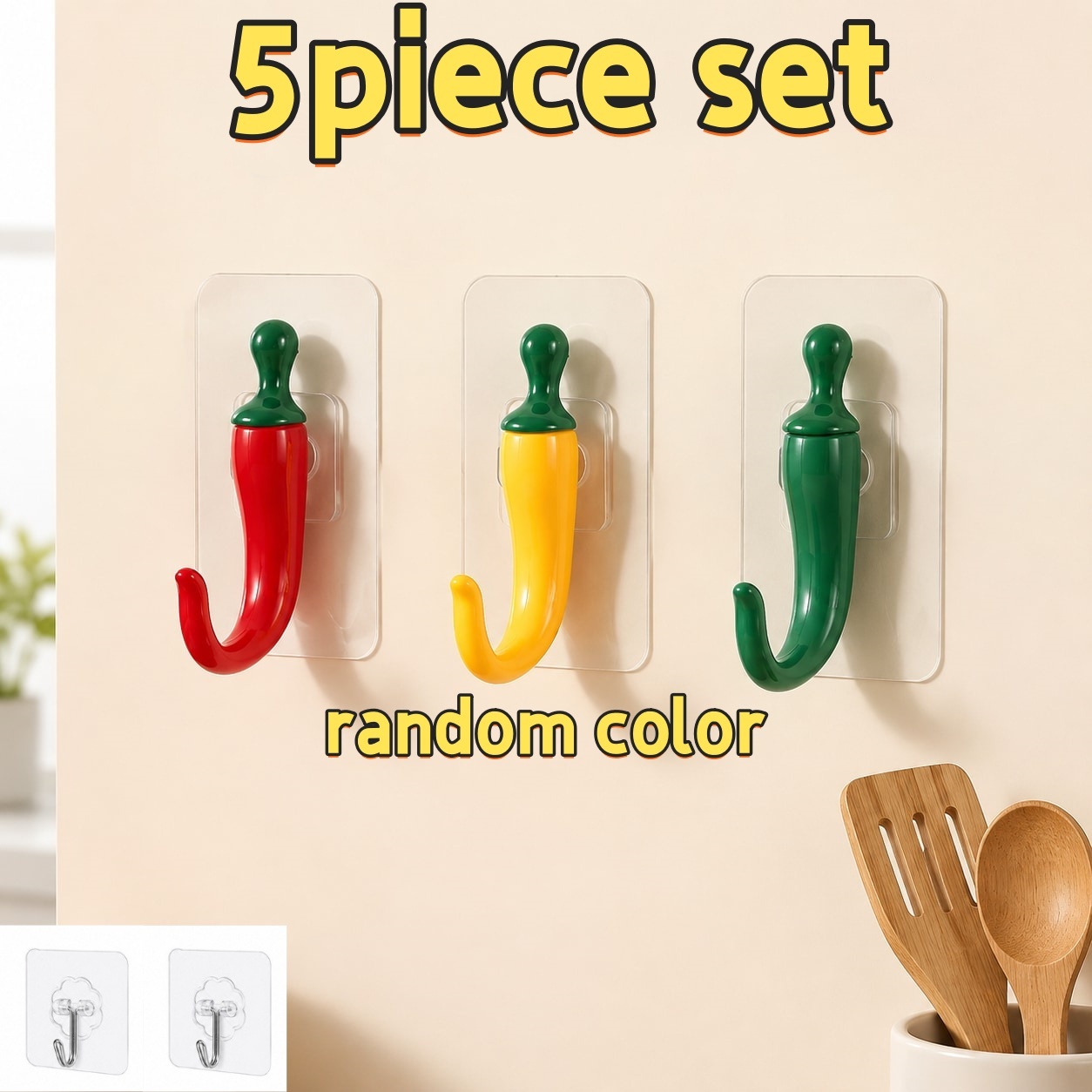 TEMU 5pcs Set: 3 Chili Pepper-shaped Wall Hooks + 2 Clear Hooks - Strong Adhesive, No Drilling Required, Suitable For Kitchen And Bathroom, Chili