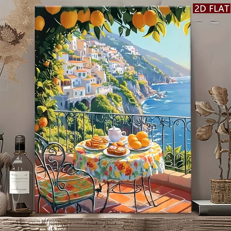 TEMU 2d Flat, 2d Flat 1pc Wrapped Canvas Wall Art Southern Italian Balcony Breakfast Scene Canvas Painting - For Home Decor Framed - A Must-have For