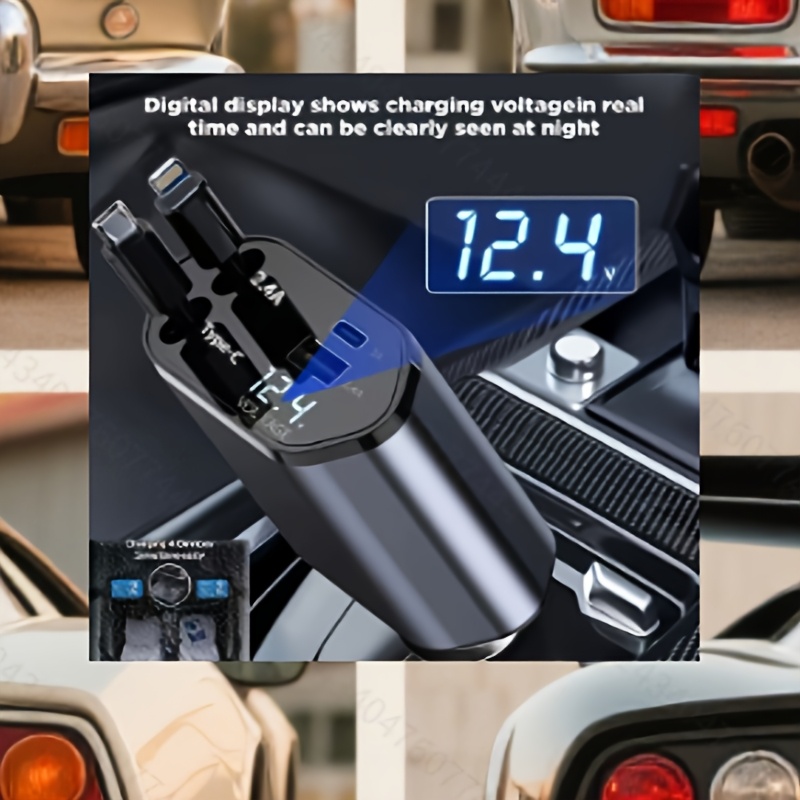 TEMU Car Charger 4-in-1 Fast Charging, Car Additions, Compatible With 180Â° Free Adjustment, With 2.6 Ft Retractable Cable, Including Pd, Qc3.0,