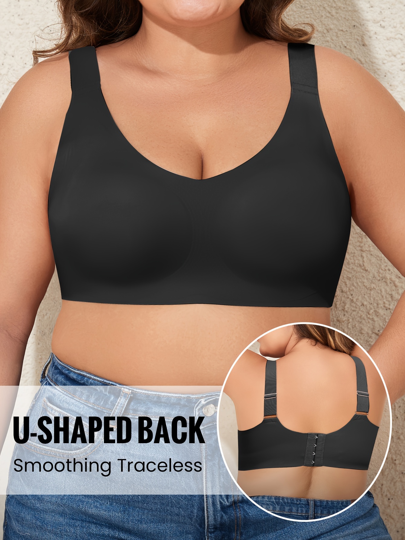 Plus Size Seamless V-Neck Bralettes - Wireless, Removable Padding, Knit Polyamide Blend (75% Polyamide, 25% Elastane), Medium Stretch, Solid Sexy Style, Comfortable & Breathable, U-Shaped Back Design, S-4XL