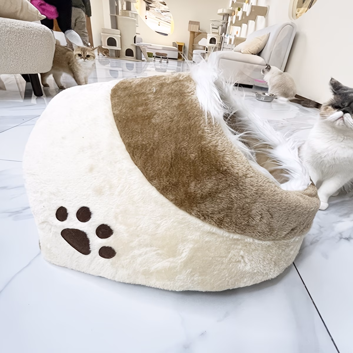 soft plush cave cat bed with fluffy trim entrance warm enclosed pet sleeping nest cozy hideaway shelter for indoor kittens small cats Product details 7