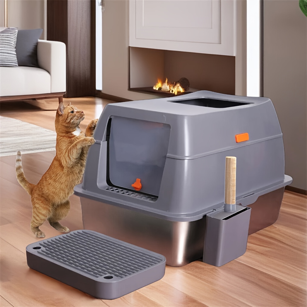 65l Big Stainless Steel Litter Box Metal Litter Tray Never Absorbs Odor, With Lid High-sided Enclosed , Xxl