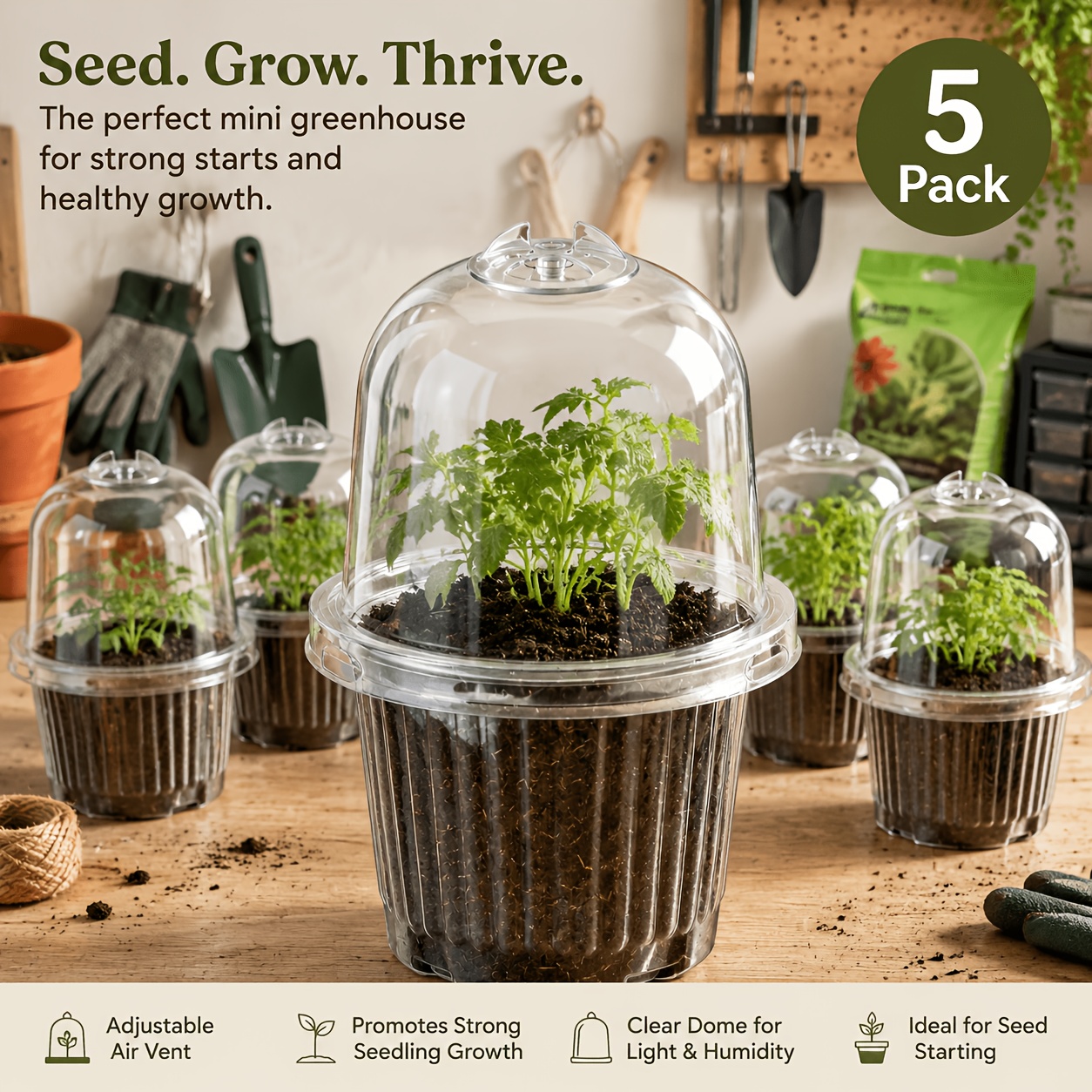 TEMU Lot de 5 pots de démarrage de graines d'intérieur, godets de pépinière à transparent pour la propagation des plantes, jardin , semis de fleurs,