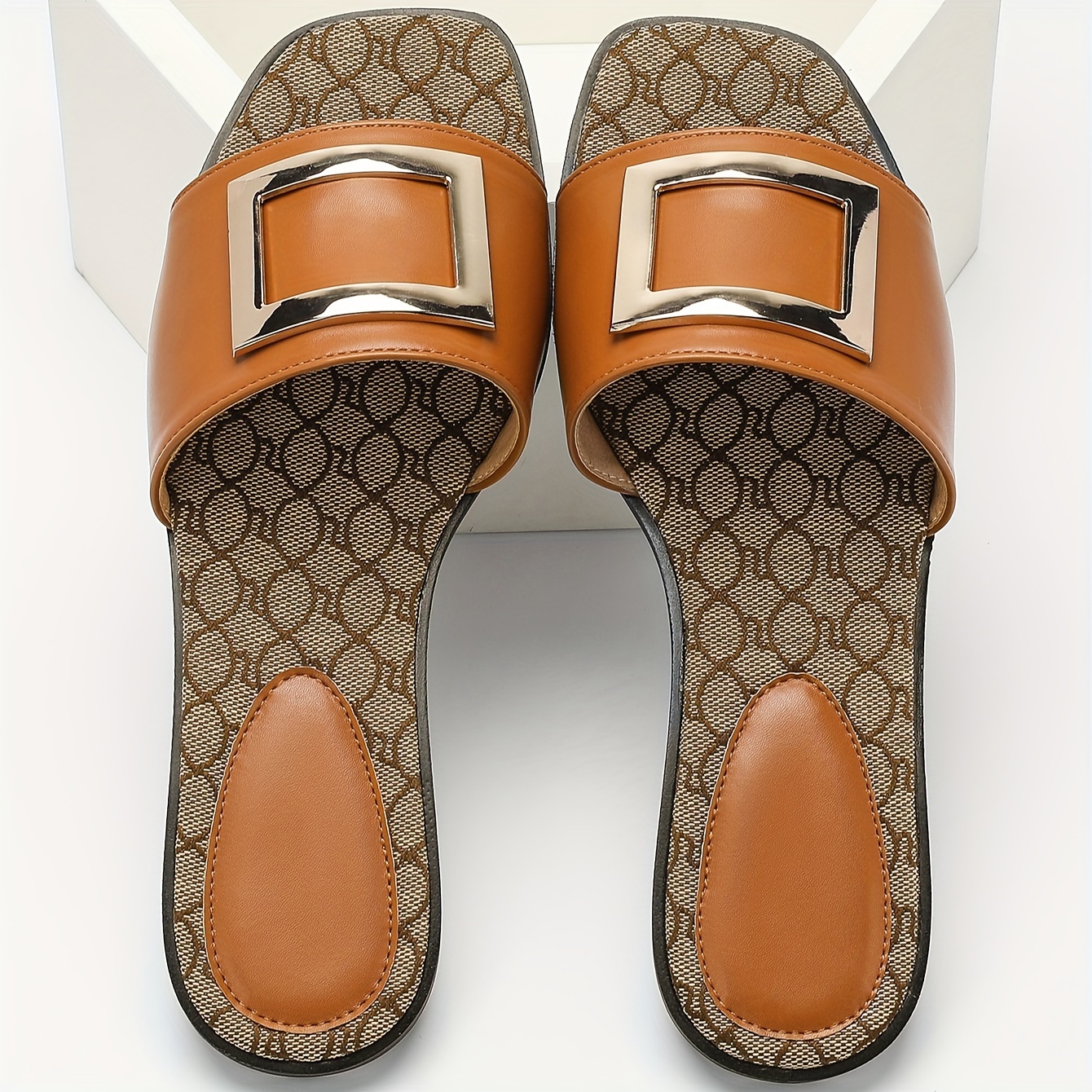 Vintage Square Toe Slides for Women - All-Season Slip-On Flat Heel Sandals with Ankle-Strap, Fashionable Casual Beach Open-Toe Slides with Square Buckle Detail, Man-Made Materials & TPR Sole