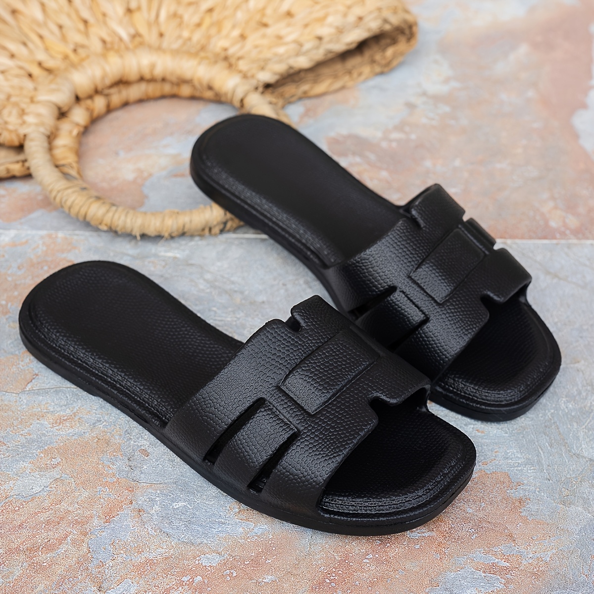 Women's Black EVA Flat Slides - Open Toe Summer Beach Sandals, Casual Comfortable Slip-On Shoes with Ankle Strap, Large Size for Outdoor Relaxation, Ladies Sandals