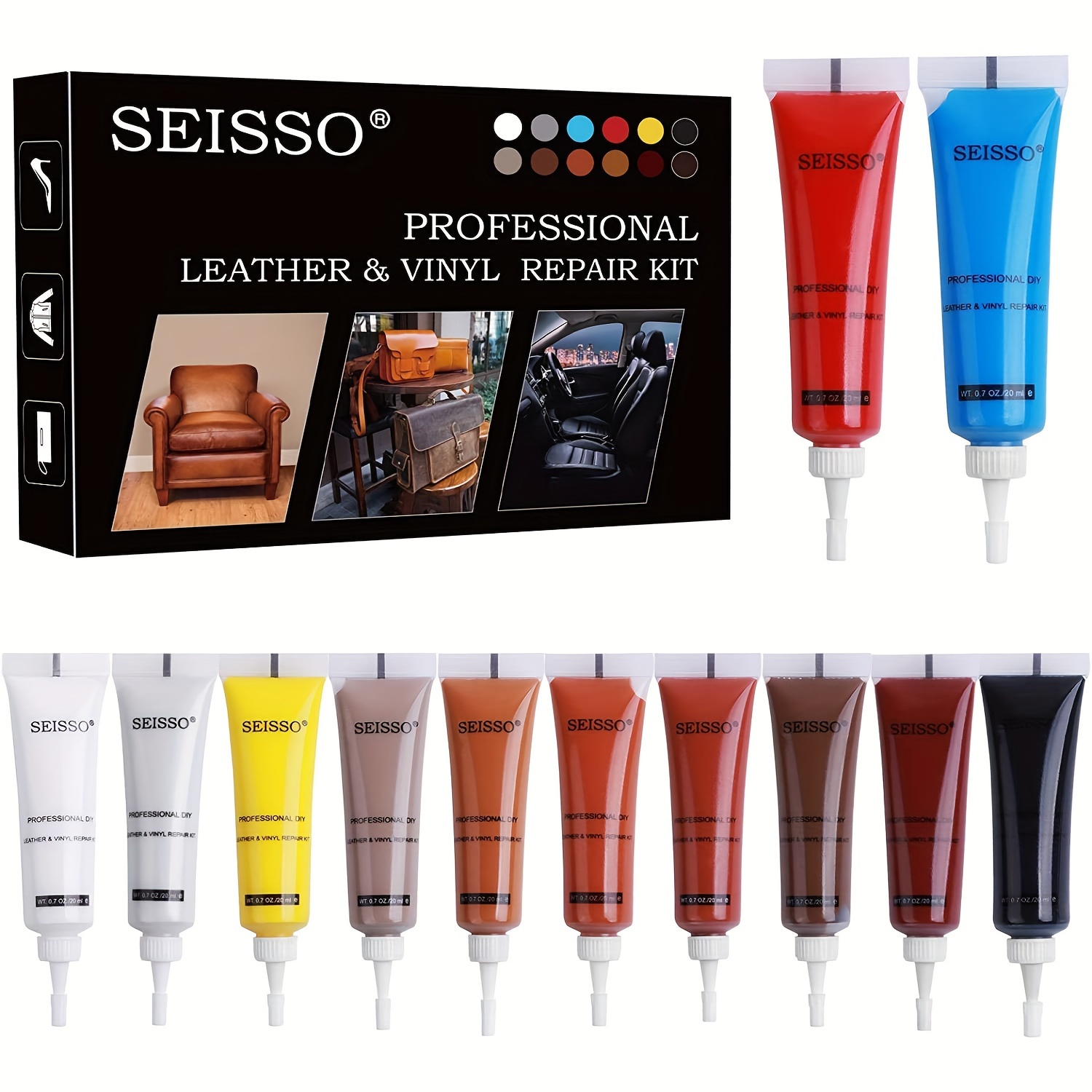 TEMU 12-color Seisso Leather & Vinyl Repair Kit - Filler Paint For Furniture, Car For Seats, Couch, Sofas, Bags, Shoes - Scratch & Fade Restoration,