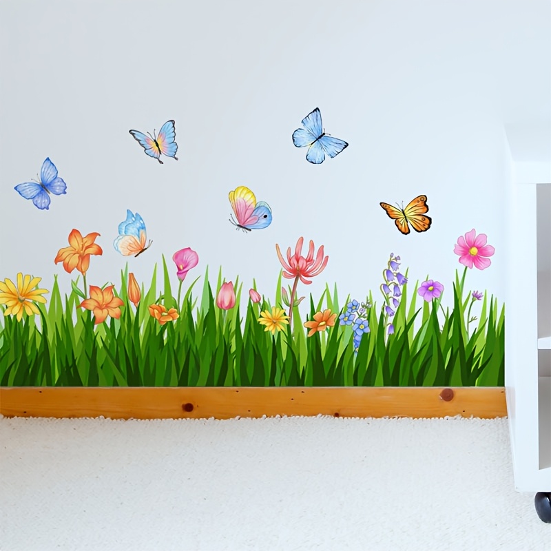 Image of Grass Lawn Flower Wall Stickers For Bedroom, Living Room, Study Room, Home Wall Decoration, Removable Self-adhesive Wall Stickers Pvc