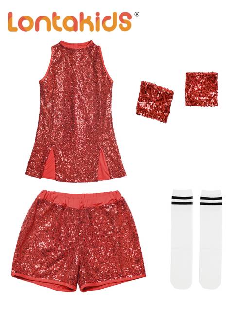 christmas girls sequin dancewear dress glitter hip hop jazz dance set sleeveless top and shorts with socks and arm cuffs 4pcs christmas daughter gift outdoor
