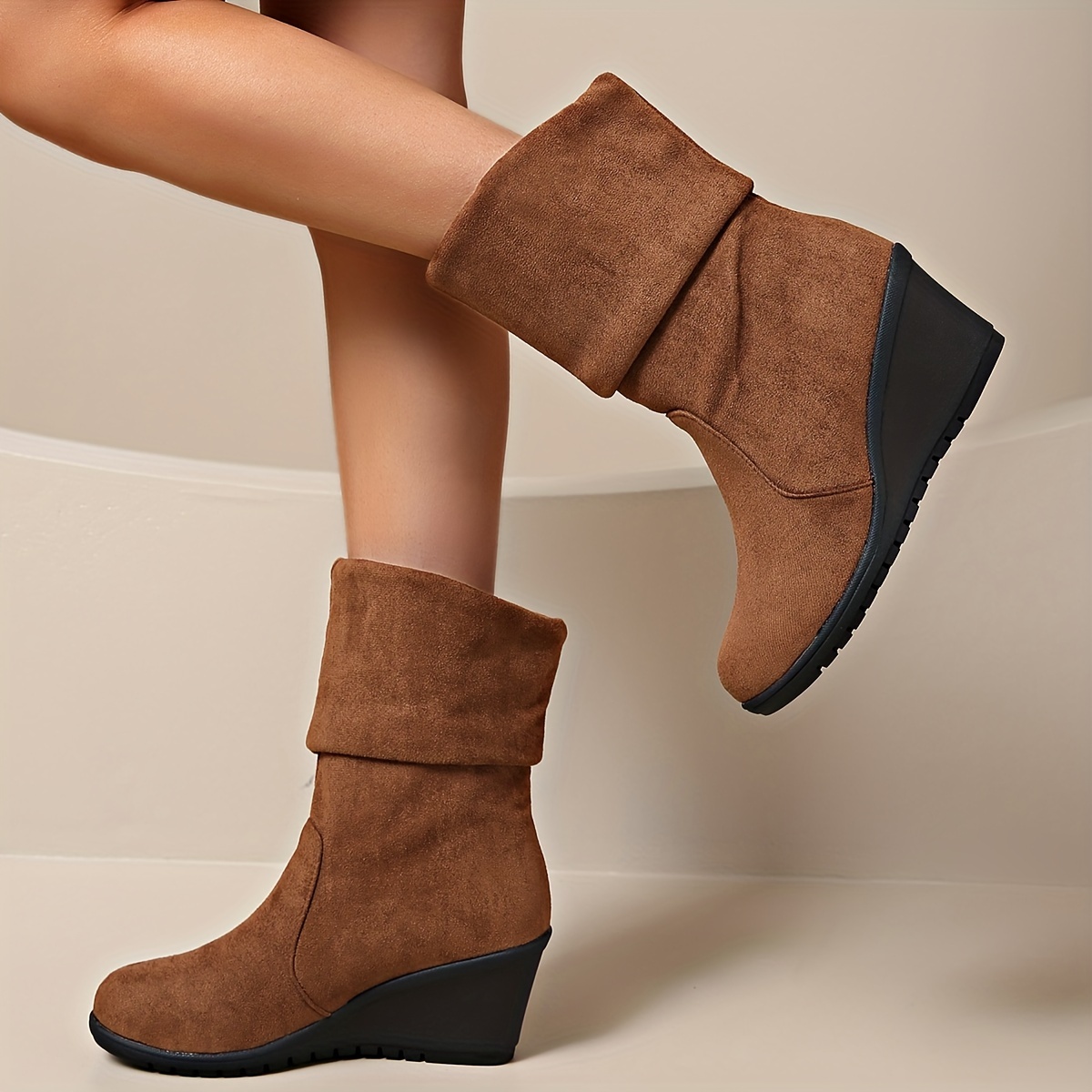 

Chic Women's Mid-calf Boots In Solid Colors - Slip-on, Comfortable Wedge Heel With Soft Fabric Lining