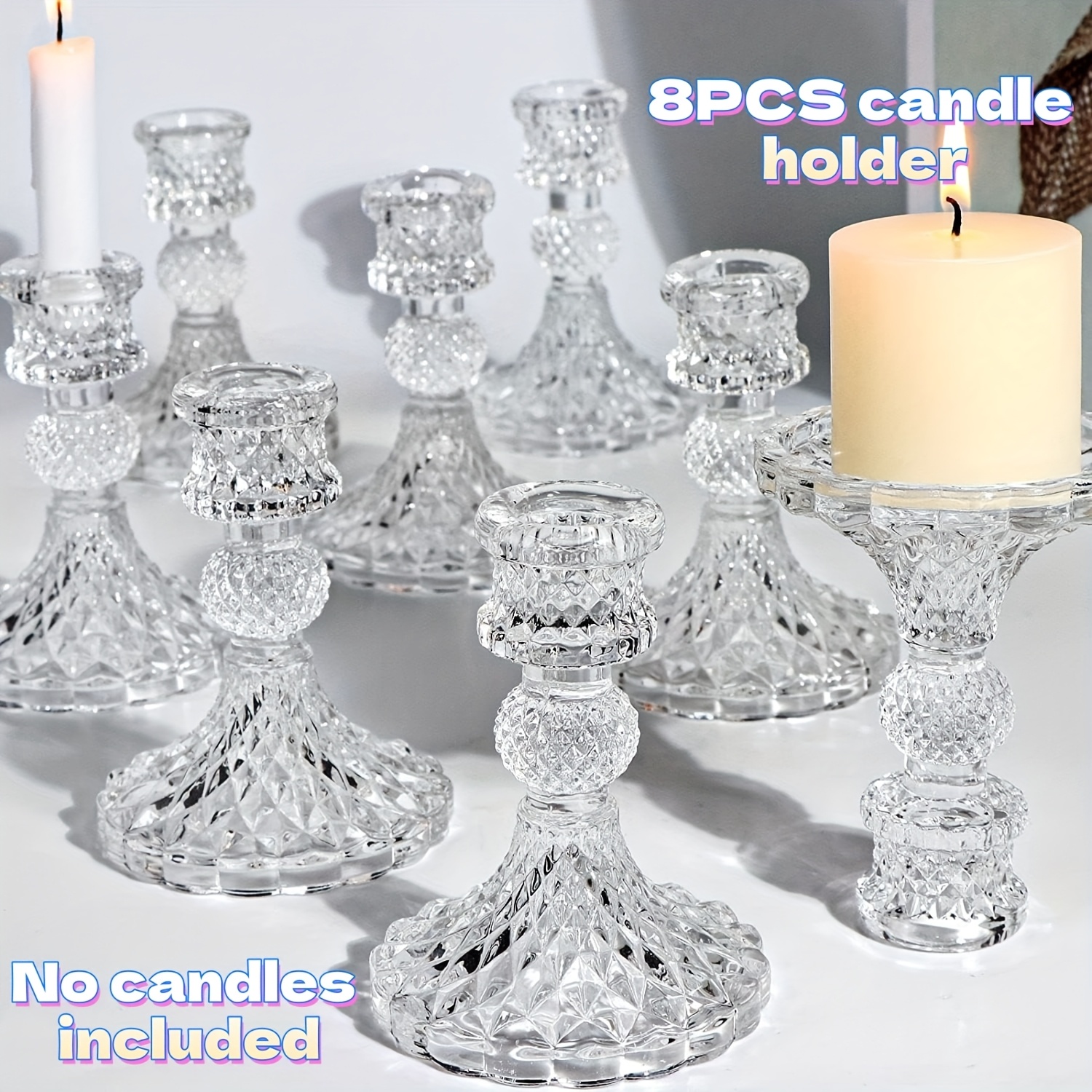 E-shop 8-teiliges Kegelsäulen-Glas-Kerzenhalter-Set | Diamantmuster-Gravur, Tischdekoration, Ideal für Hochzeitsessen, Partys, Weihnachten, Halloween