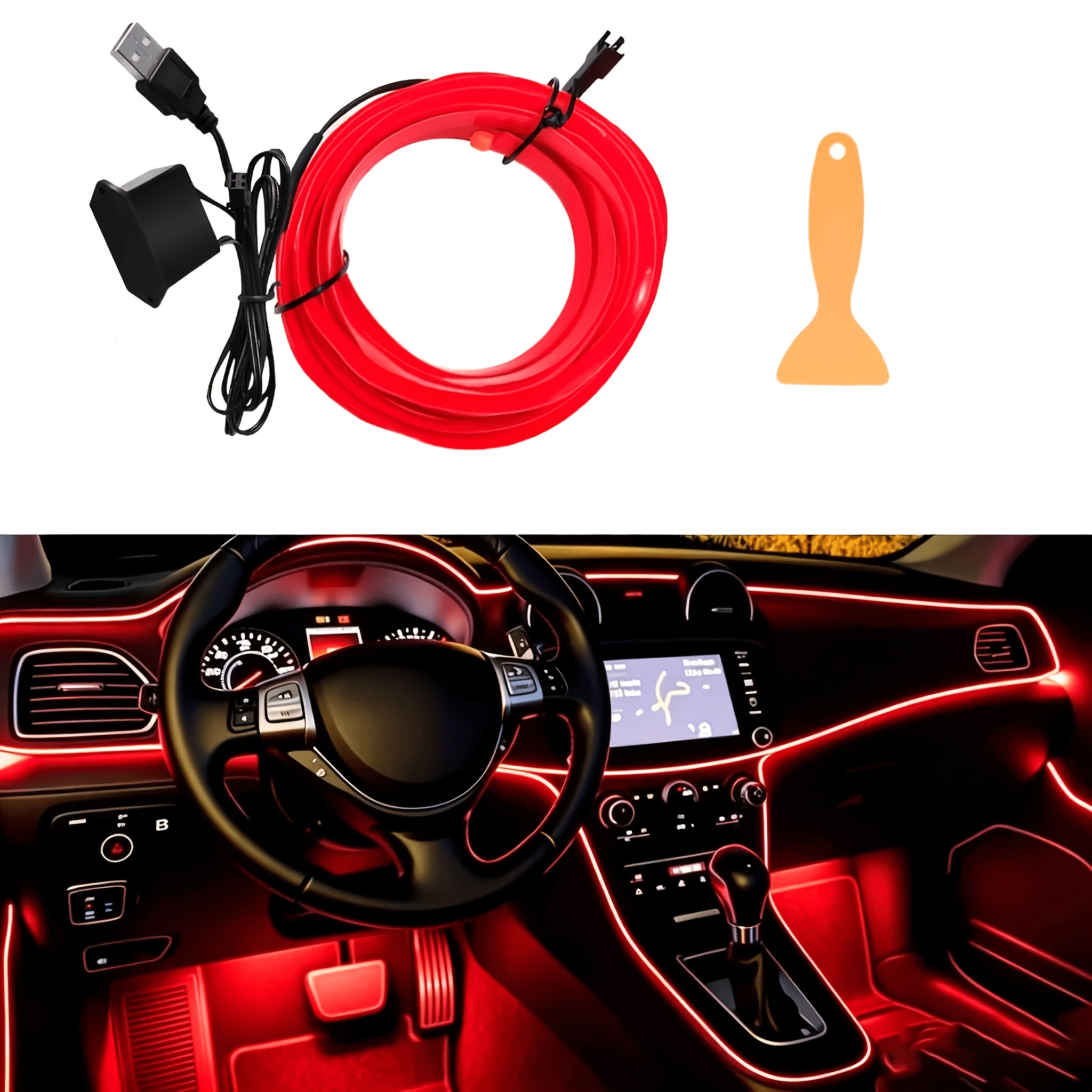 TEMU Bande Lumineuse LED Néon Intérieure Voiture 196 Pouces Fil EL Flexible avec Protection Fusible Kits d'Éclairage Ambiant pour Décoration