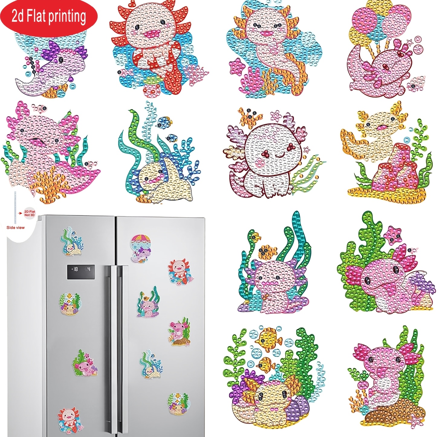 TEMU 2d Flat/12pcs Diamond Painting Fridge Magnet Pink Salamander Magnetic Sticker Adult Beginner Handcraft Diamond Painting, Adult Newbie Mosaic
