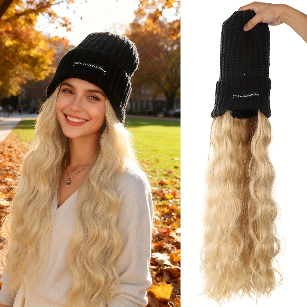 TEMU Women's Long Curly Wave Synthetic Wig With Black Elastic Knitted Cap - High Temperature Fiber, Density, Look For Daily Wear In Autumn And Winter