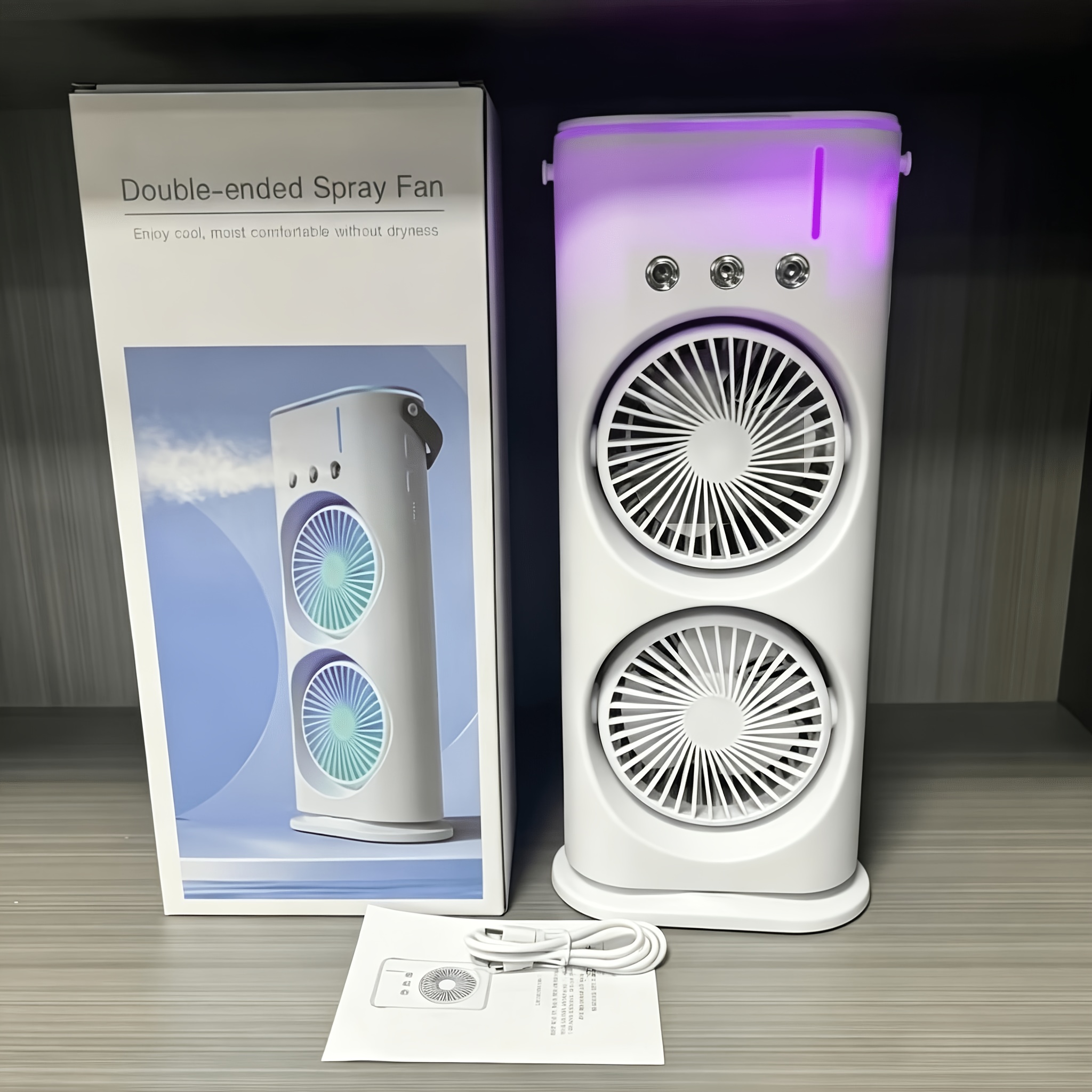 2026 New Dual-head Tower Fan With Humidifier, 90° Oscillating Usb Desk Fan With Rgb Light, 3-speed Portable Cooling Fan For Home, Office, And Bedroom(does Not Remote Control)
