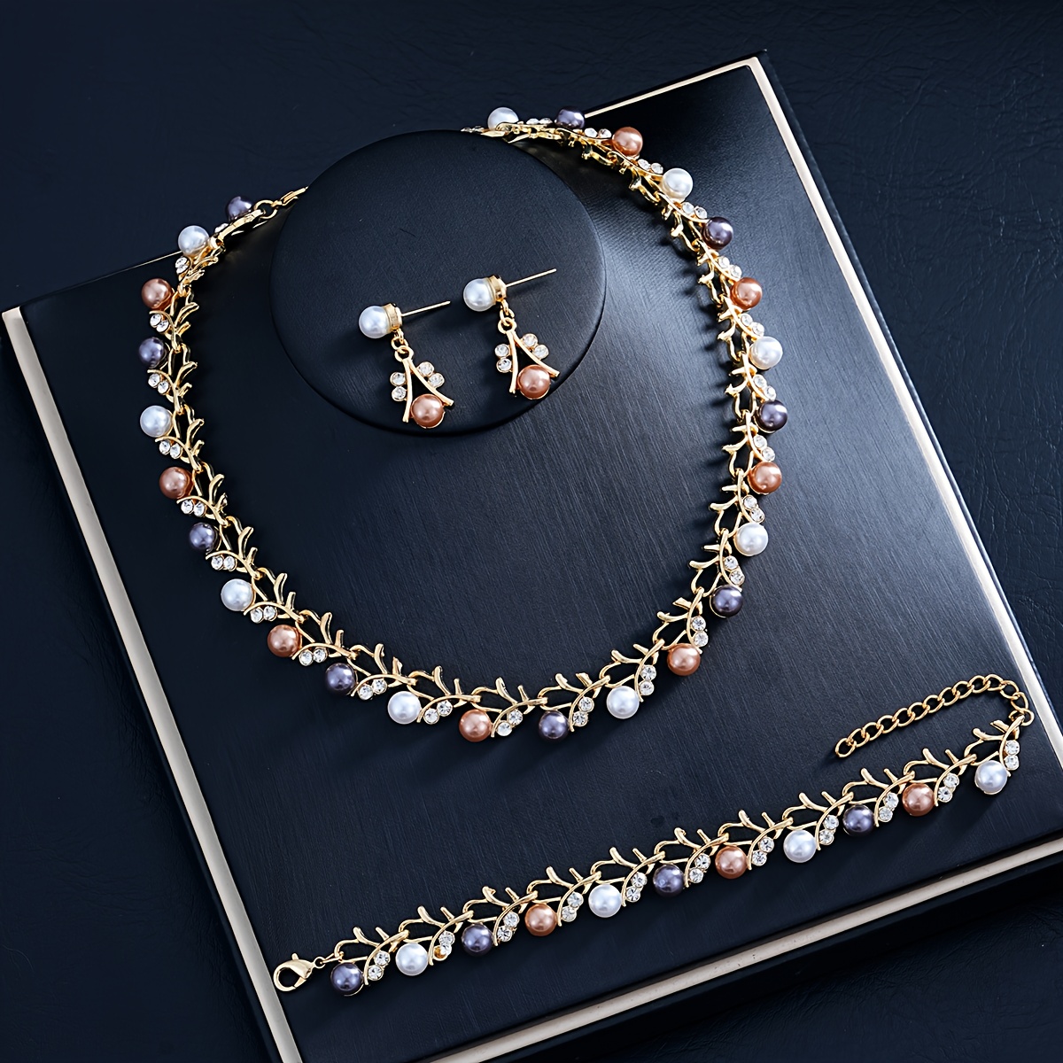 TEMU 3pcs Set, Necklace, Earrings, And Bracelet Set, Colorful Vintage Bridal Wedding Jewelry, Suitable For Banquets, Parties, And Gifting