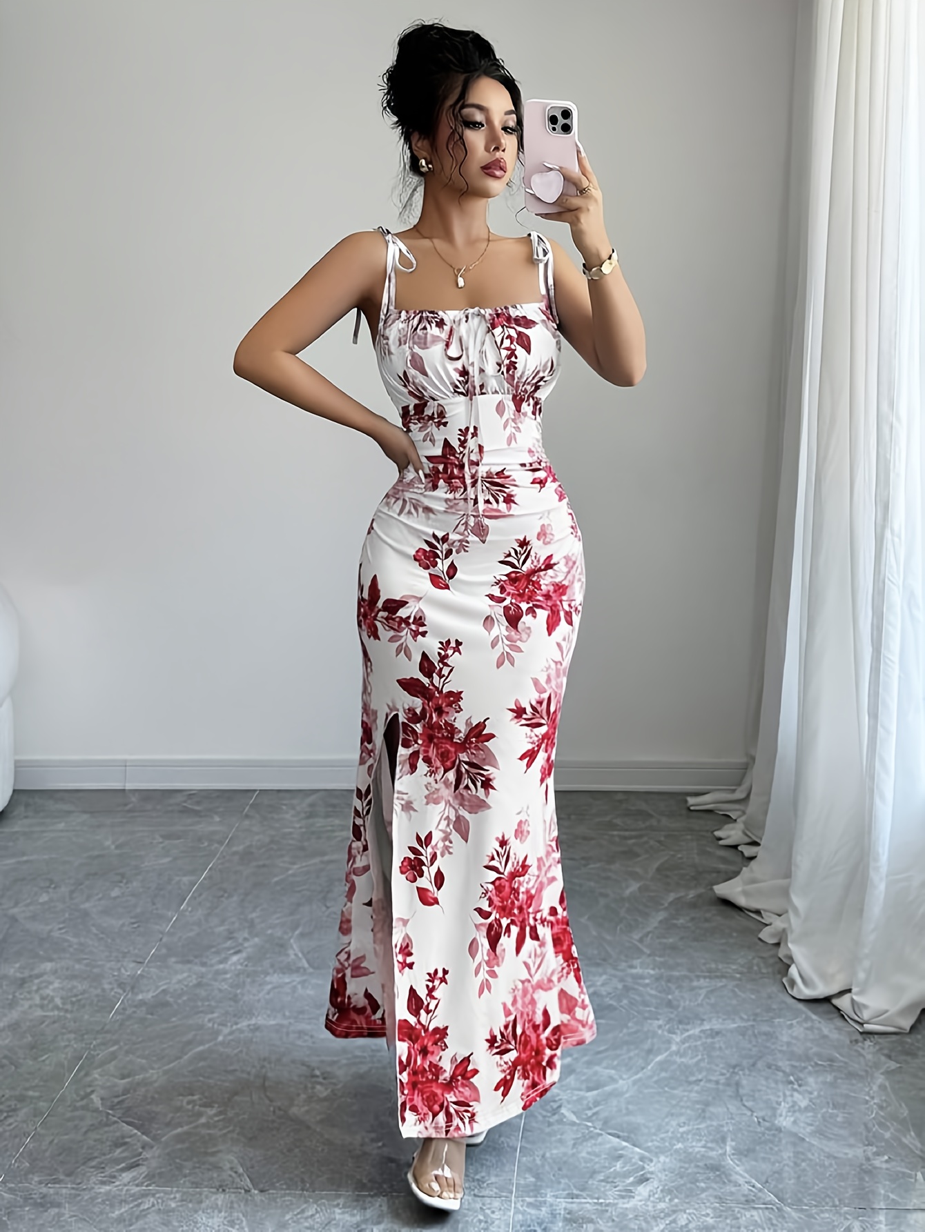Ladies' Elegant Printed Spaghetti Strap Ruffled Shoulder Tie Bow Hip Slit Dress for Dates, Parties, Gatherings, Beach Vacations