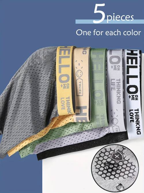 5 pack mens boxer briefs 1 pair in each of 5 colors hollowed cool and comfortable hello letter belt