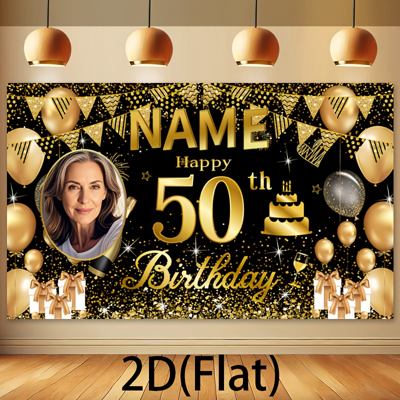 2d customizable 1pc large personalized happy 50th birthday banner backdrop custom name photo glittery black with golden sequins party wall tapestry for indoor outdoor celebrations ideal gift for   birthday party decorations