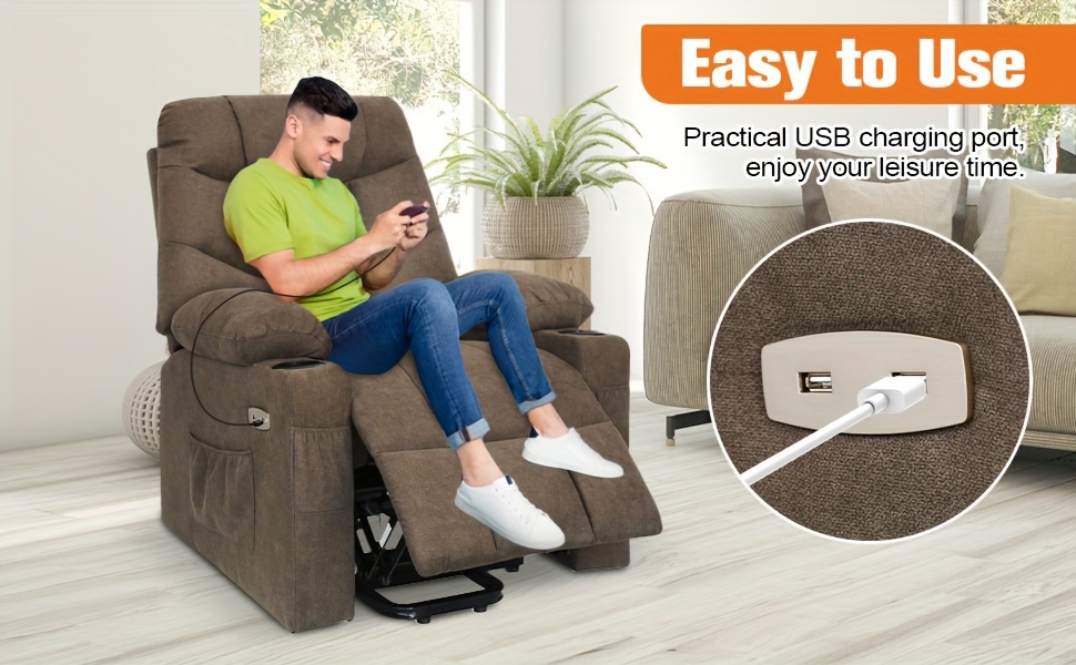 Advwin Manual Adjustment Recliner Chair, Electric Massage Lift Chairs Heated Vibration Massage Motorized Living Room Chair With Side Pocket, USB And Cup Holders, 45-140 Degree Tilt, Brown/Gray/PU Black