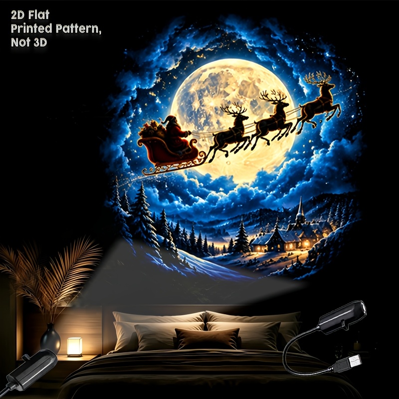 TEMU Projection lumineuse 2D plate 1pc LED Noël Nuit Luge Village en Neige Thème Interface Portable de Rêve, Décoration de Fête de Noël, Cadeau