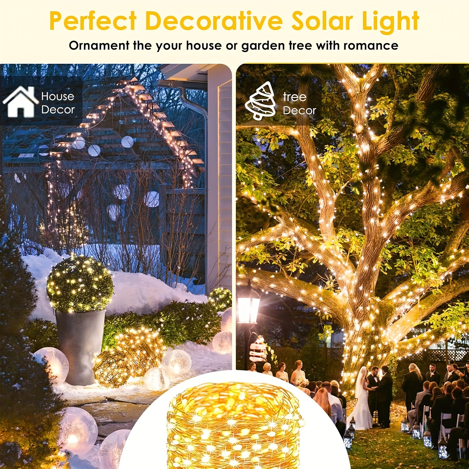Solar String Lights - 8-Mode Outdoor Solar-Powered Christmas Tree Lights with Built-in Battery, Remote Control & Light Sensor, Durable Plastic, Courtyard, House Party, Wedding, Halloween & Christmas Decorations, Solar Christmas Lights