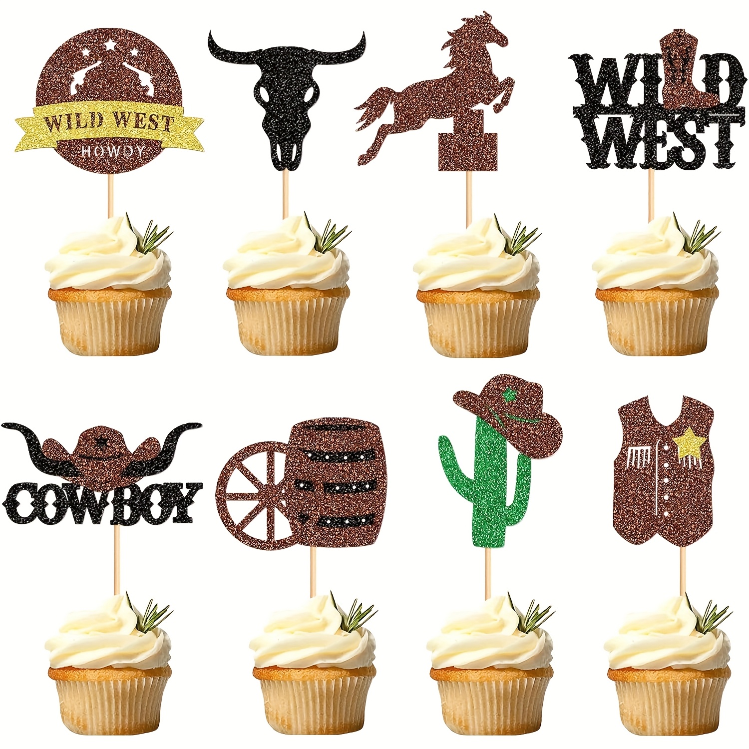 Image of 16pcs Cowboy Cupcake Toppers Wild West Cowboy Hats Western Theme Happy Birthday Baby Shower Party Cake Decorations Supplies