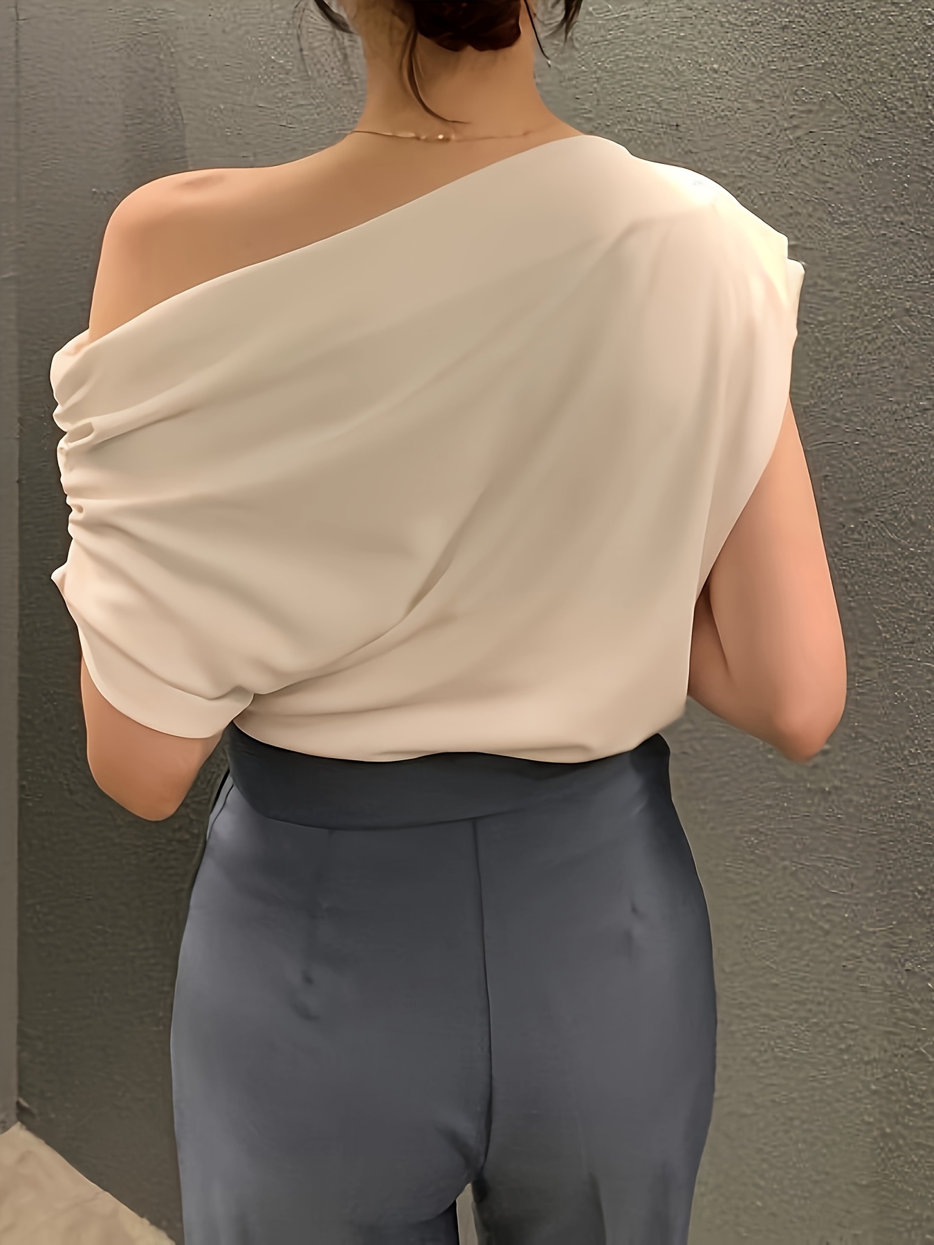 Women's Korean Chic Asymmetric One-Shoulder Blouse, Drop Shoulder  Women's Shirt, Elegant Casual Formal Outfits Non-Transparent Summer  Shirt