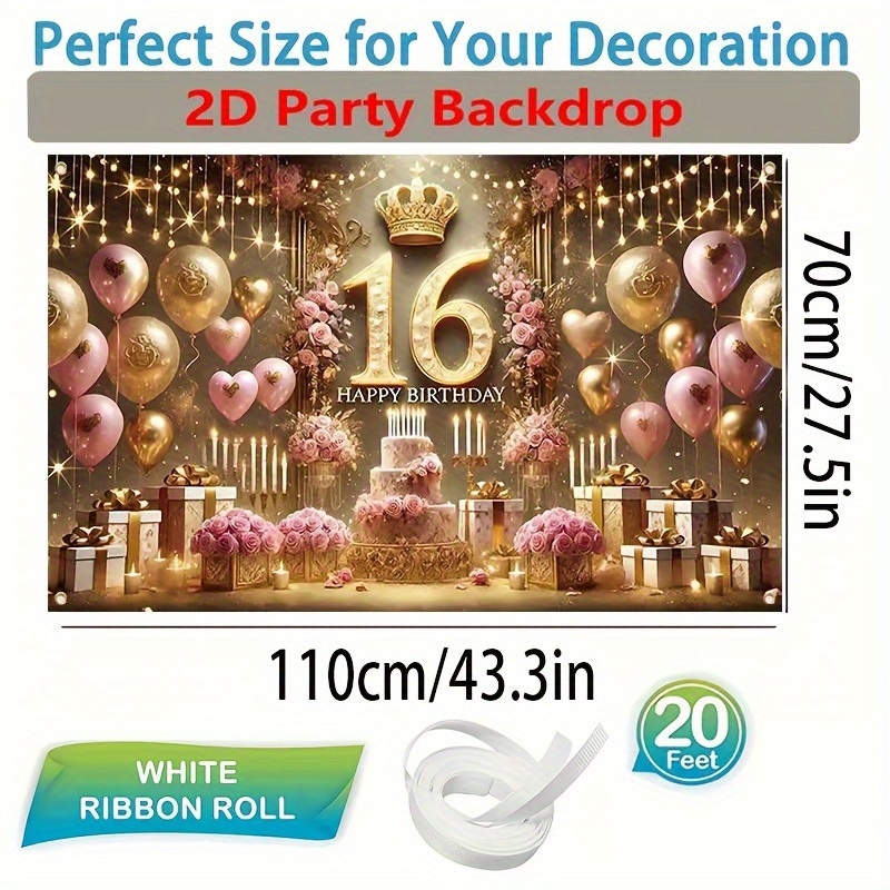 TEMU 1pc Sweet 16 Birthday Party Backdrop - Elegant Pink & With Crown, Balloons, Candles & Gifts - Polyester, , 16th Birthday Celebrations, Birthday