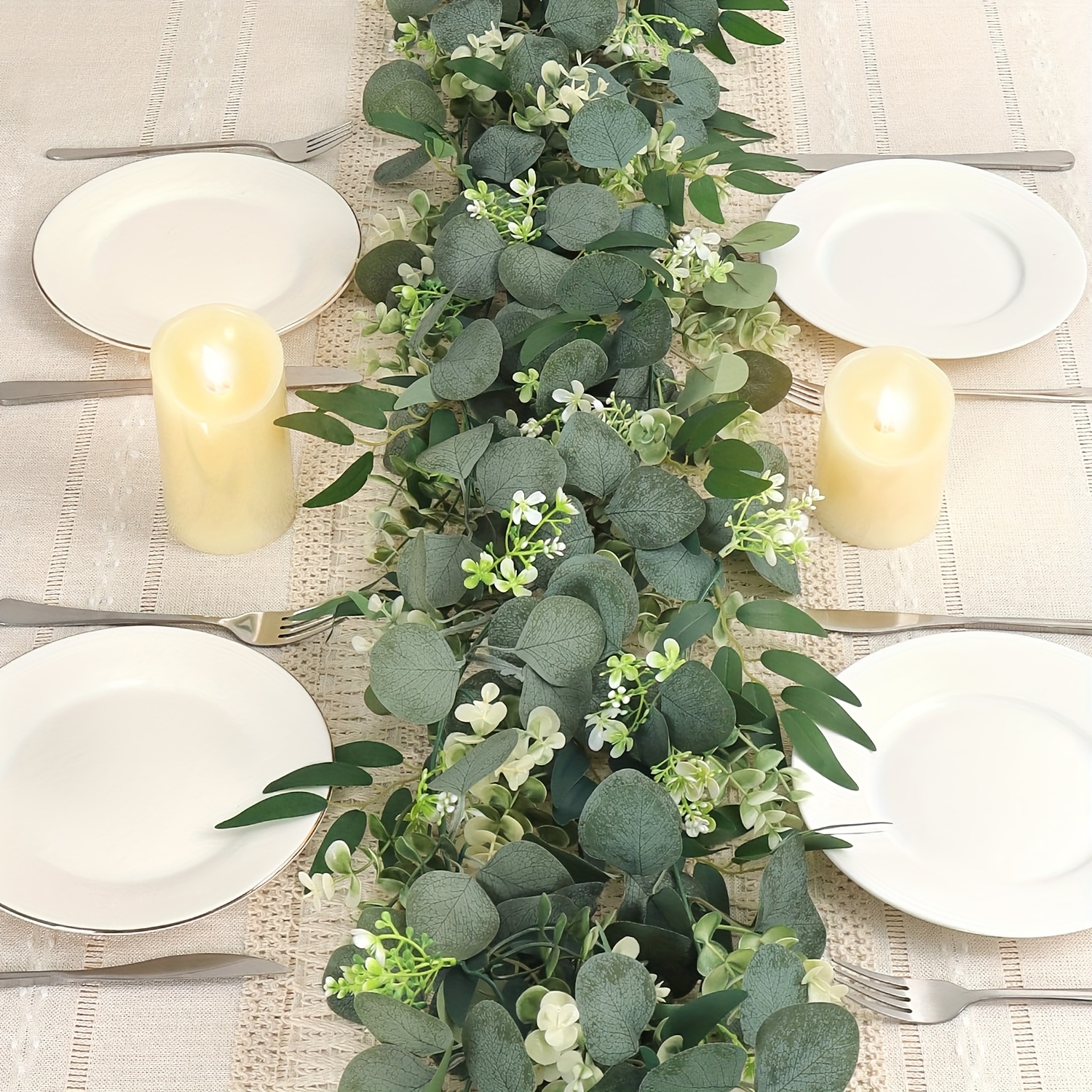 TEMU 2/4pcs Eucalyptus Flower Wreaths With White Flowers Green Artificial Leaf Wreaths Table Runner Vines For Wedding Arch Fireplace Party Room