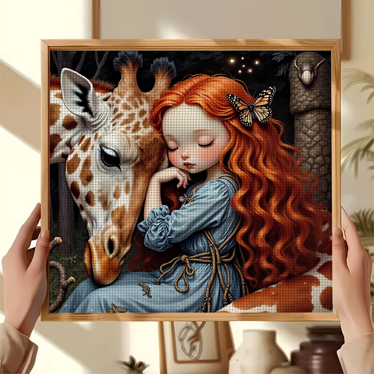 Frameless Cross Stitch Printed Kit, "Red-Haired Snuggling Giraffe" Pattern for Beginners